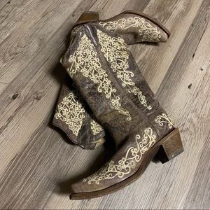 Corral Snip Toe Brown Embroidery Boots